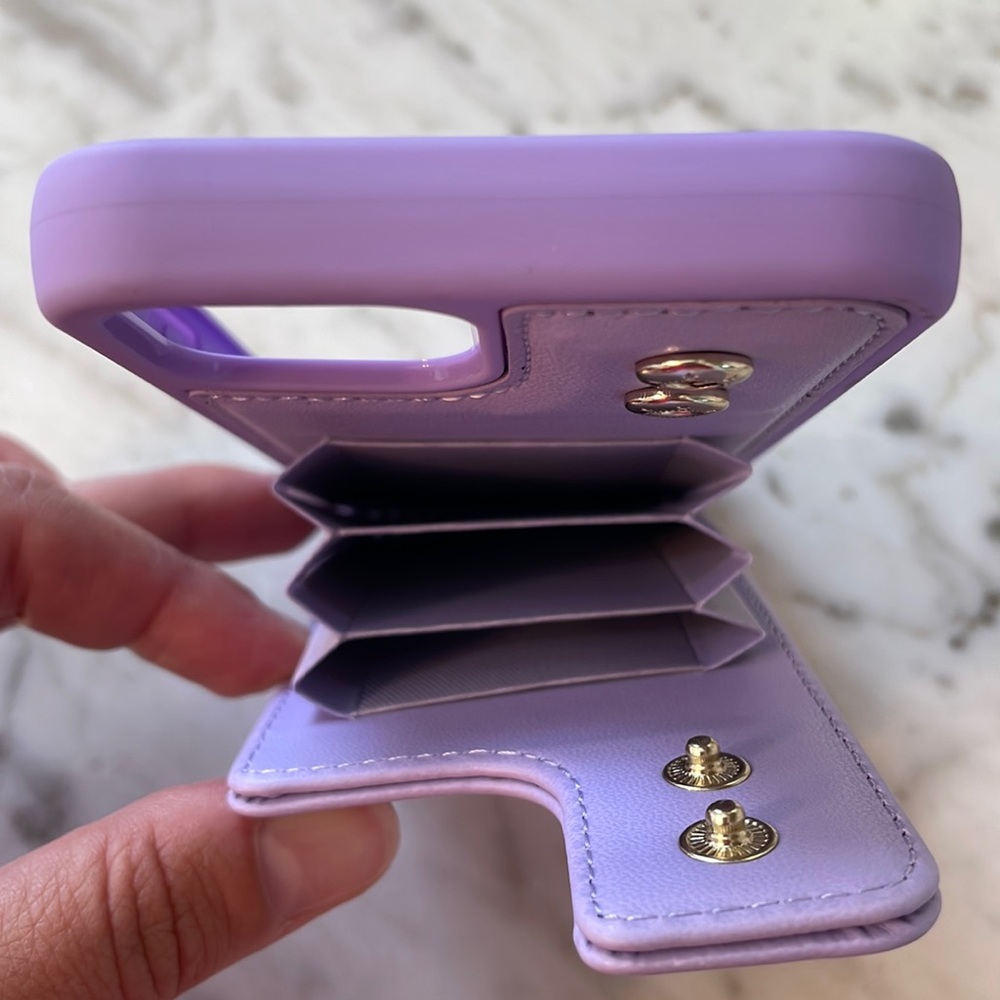 Libra lilac colored iPhone 12 Pro case, holds multiple cards, w/ kickstand